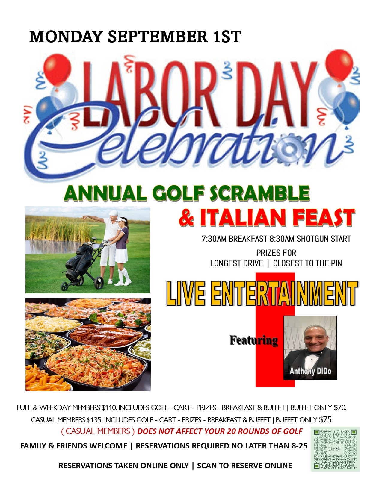 Labor Day 2025 poster featuring event details for the Annual Golf Scramble and Italian Feast at Bella Vista Country Club, including date, breakfast time, shotgun start, prizes, live entertainment by Anthony DiDo, and pricing for members and guests.