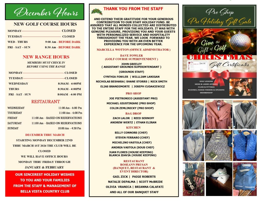 December 2025 newsletter from Bella Vista Country Club featuring new golf course hours, holiday greetings from staff, and promotional gift certificates for golf lessons and merchandise.
