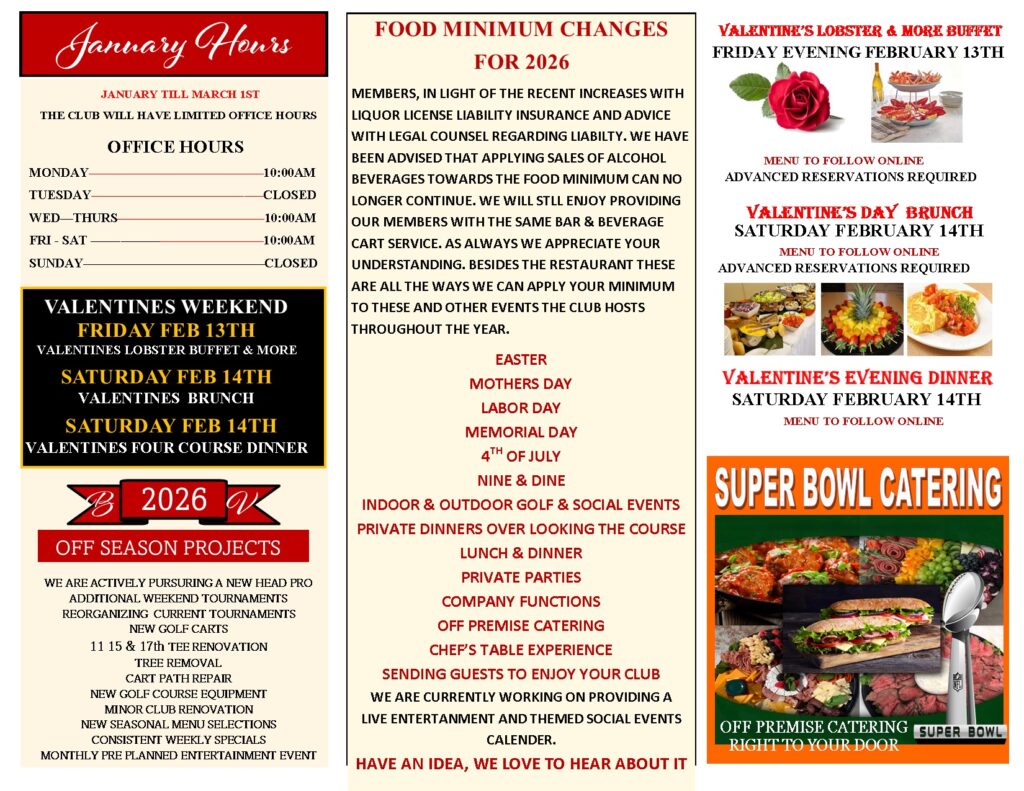 January 2026 newsletter for Bella Vista Country Club featuring upcoming events, office hours, and special catering options, including Valentine's weekend activities and Super Bowl catering.