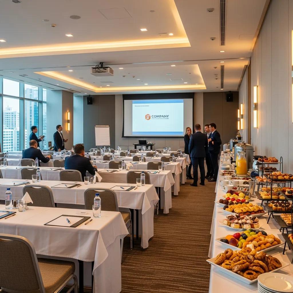 Corporate event in a banquet hall with professional setup and attendees engaged in discussions