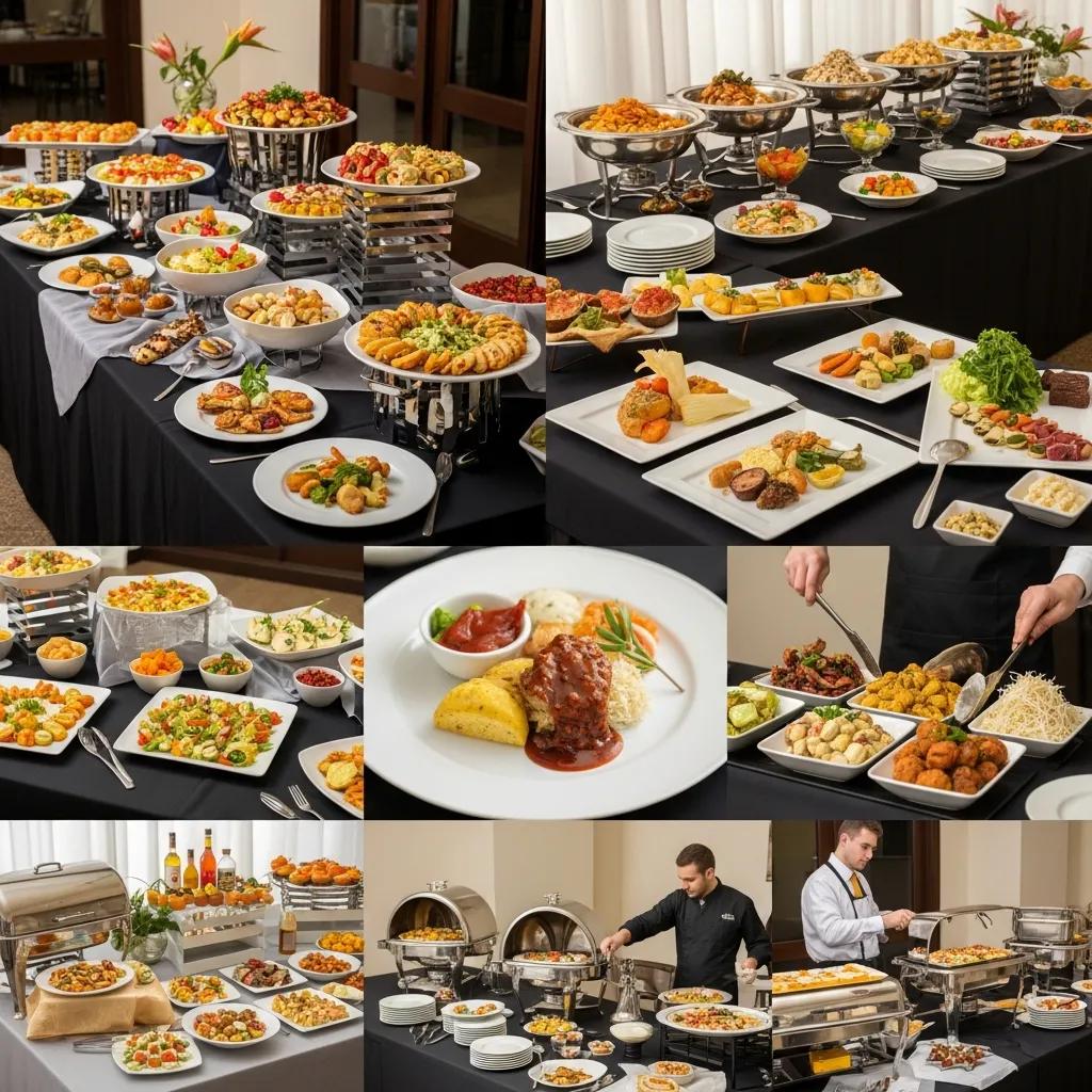 Diverse catering options at Bellavista Country Club showcasing buffet, plated meals, and interactive food stations