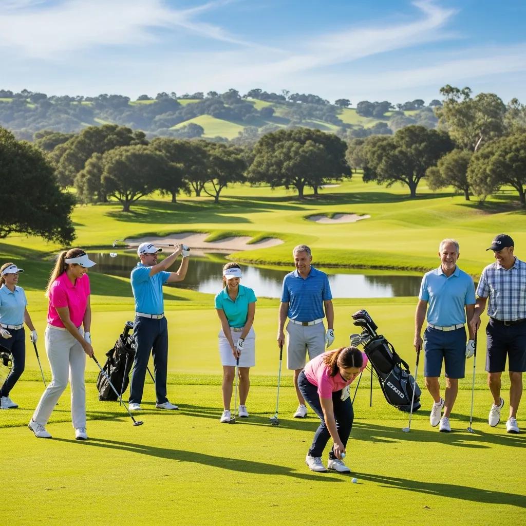 Diverse group of golfers enjoying a sunny day on a golf course, highlighting community and engagement