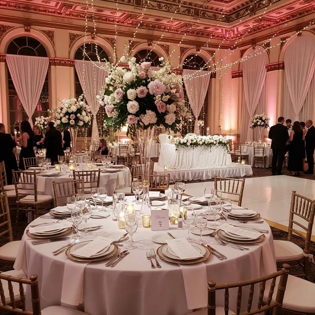 Elegant banquet hall set for a wedding reception with sophisticated decor and romantic ambiance
