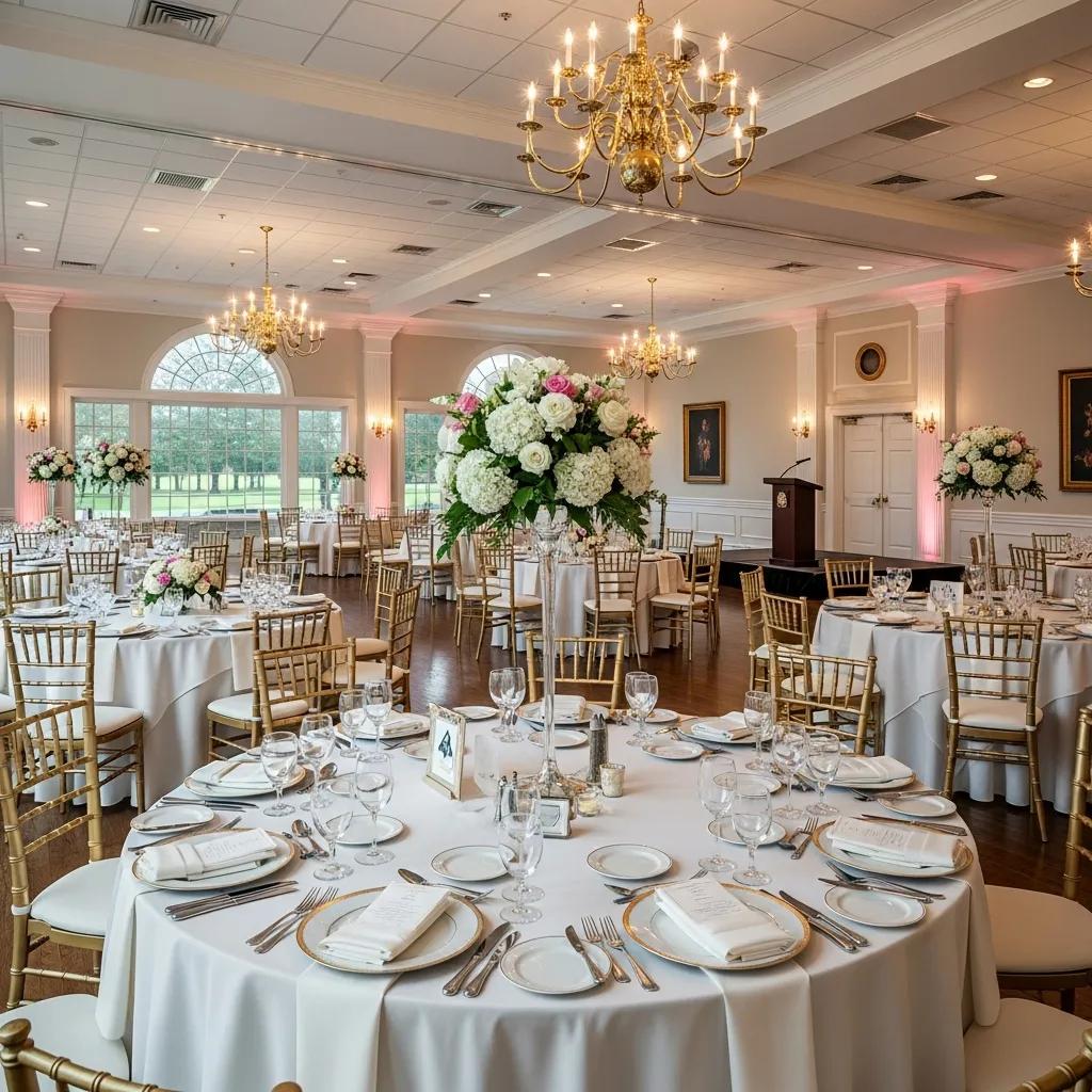 Elegant banquet hall setup at Bella Vista Country Club with floral arrangements and soft lighting