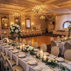 Elegant banquet hall setup for a wedding reception with floral decorations and warm lighting