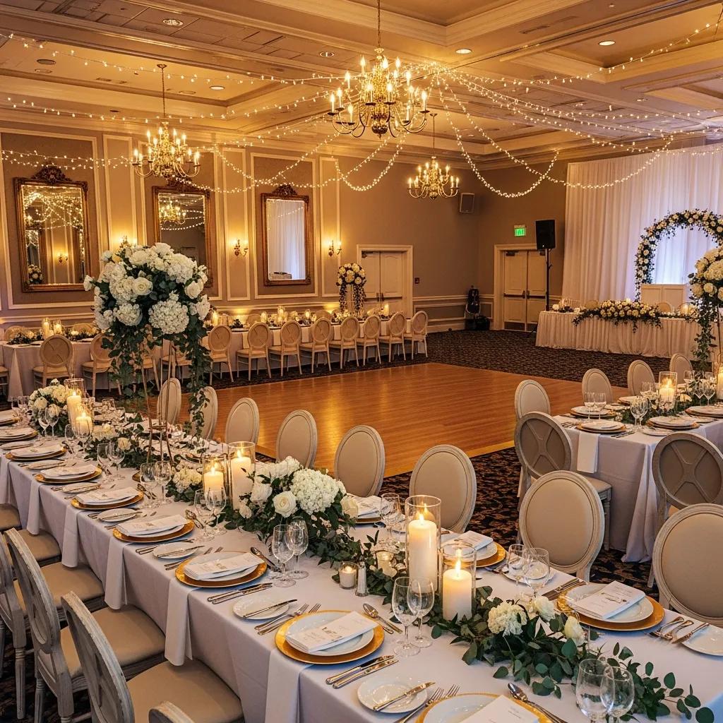 Elegant banquet hall setup for a wedding reception with floral decorations and warm lighting