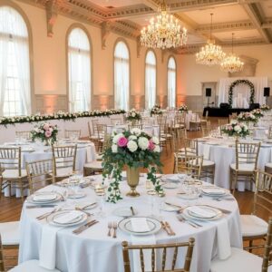 Elegant banquet hall setup for a wedding with floral arrangements and table settings