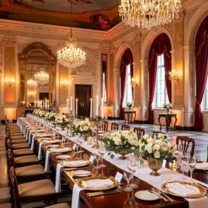 Elegant banquet hall setup for events with fine dining and floral decorations