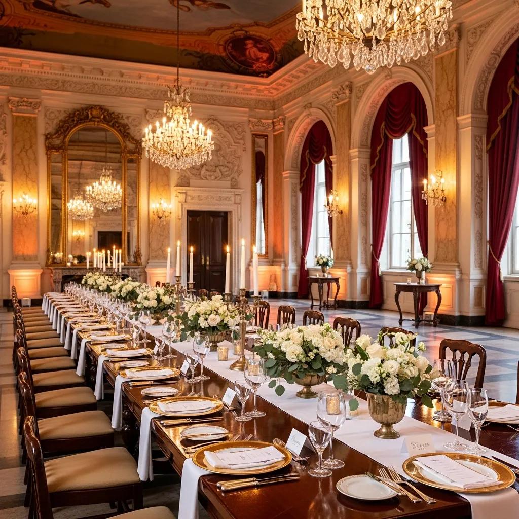 Elegant banquet hall setup for events with fine dining and floral decorations