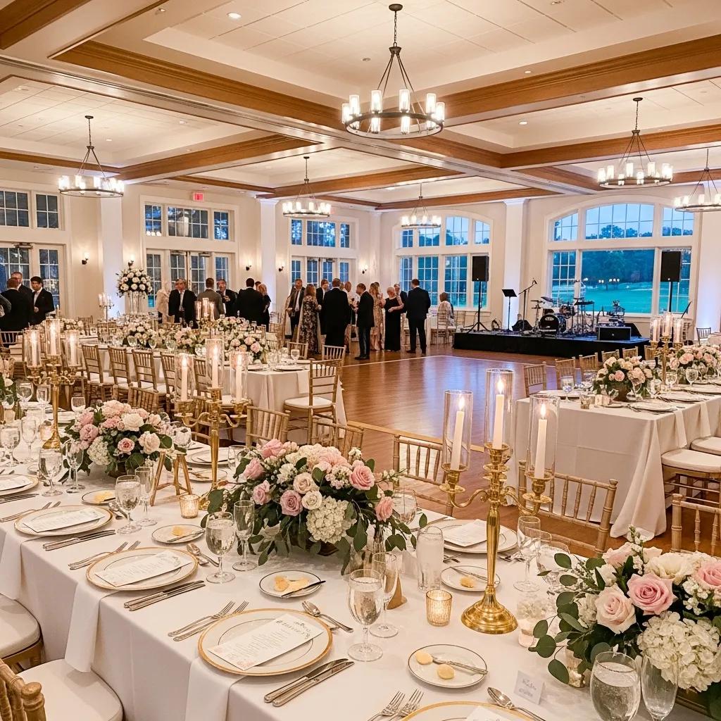 Elegant wedding banquet hall with floral arrangements and soft lighting