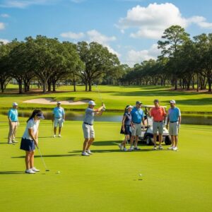 Group of diverse golfers enjoying a sunny day on a golf course, highlighting the community aspect of affordable golf memberships