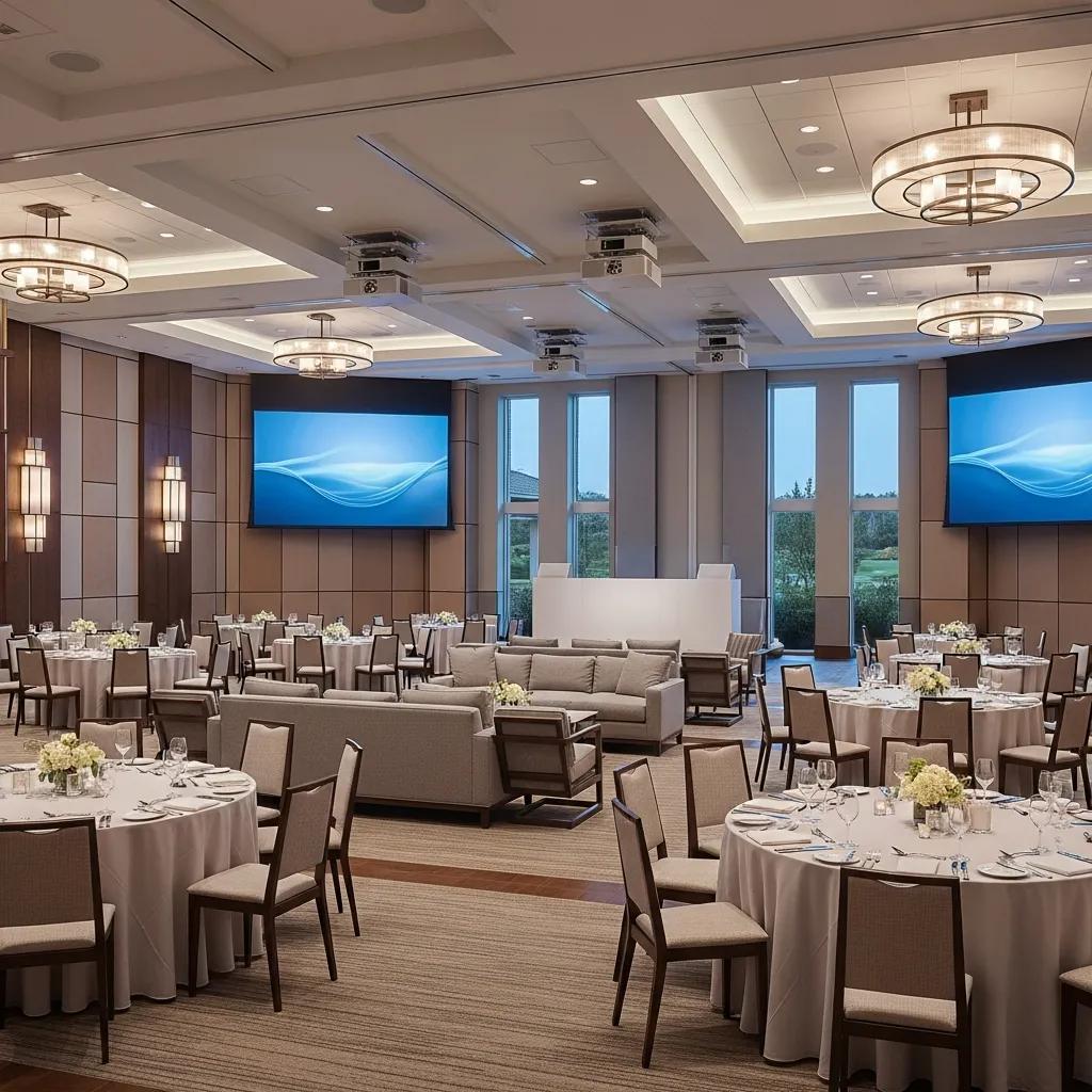 Modern banquet hall with advanced AV equipment and flexible seating at Bellavista Country Club