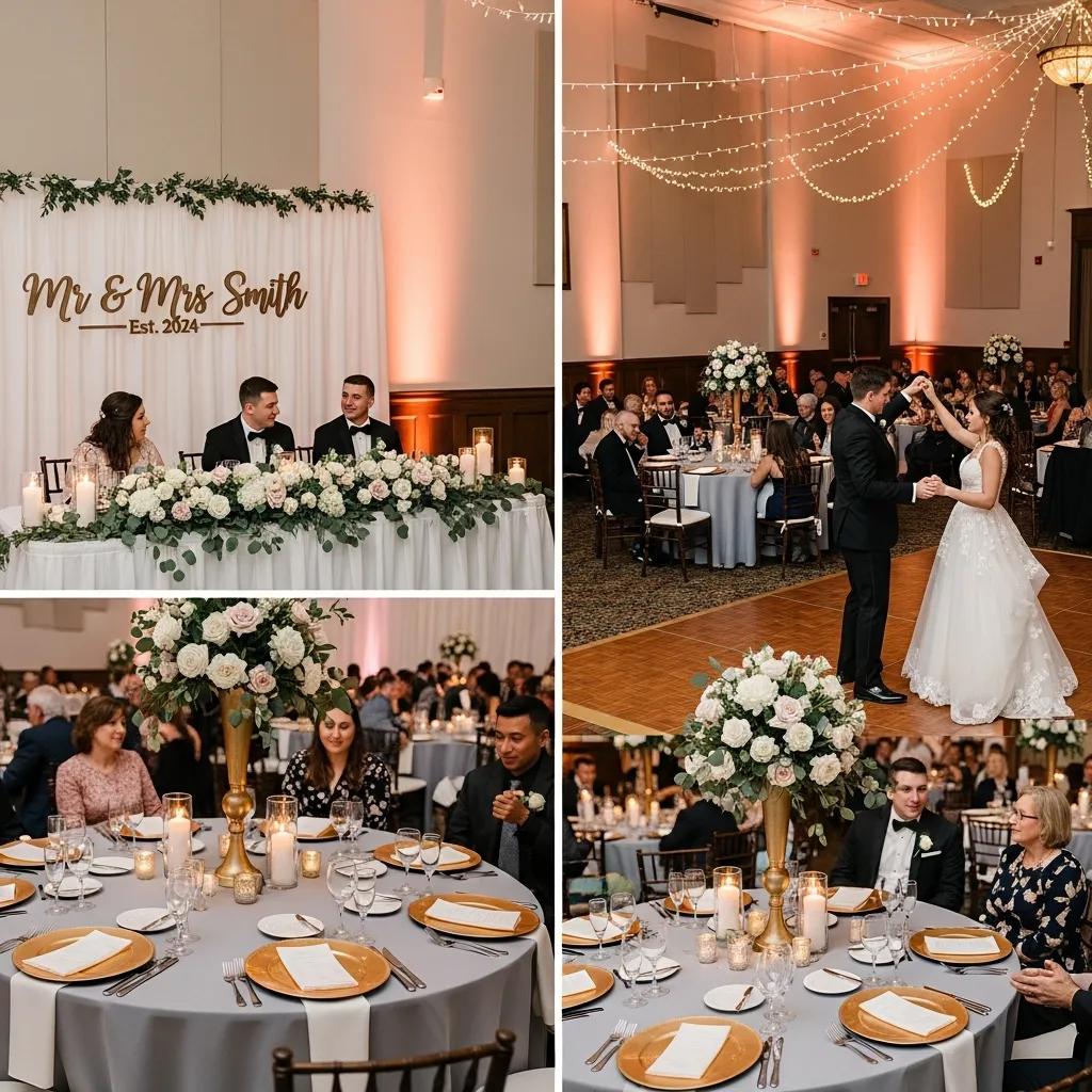Romantic wedding reception setup in a banquet hall with elegant decor and joyful guests