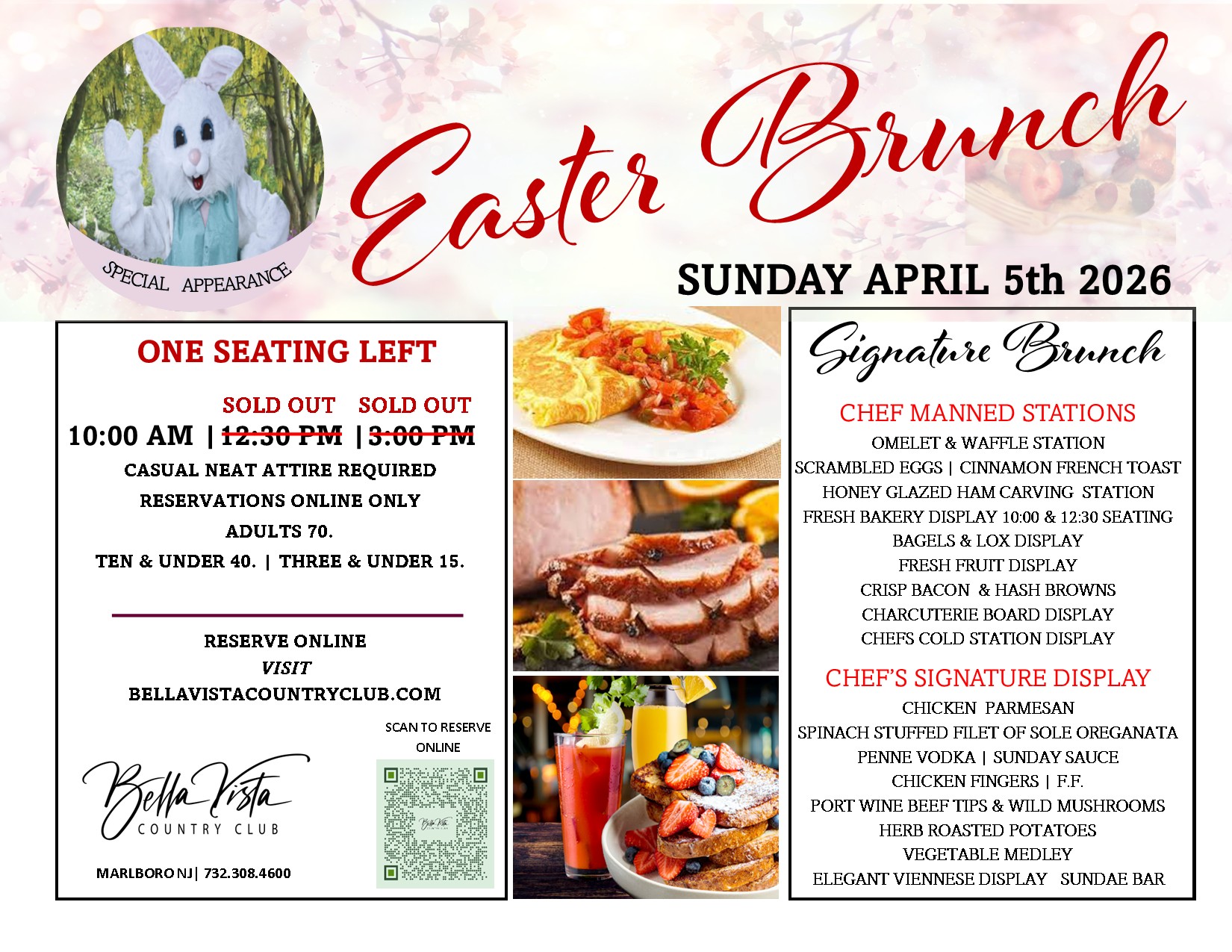 Easter Brunch promotional flyer featuring a bunny mascot, event details for April 5, 2026, highlighting sold-out seatings, brunch menu items, and reservation information for Bella Vista Country Club.