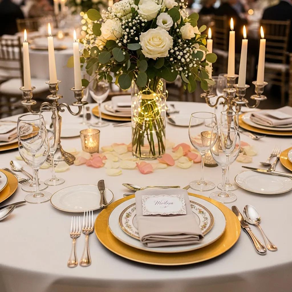 Close-up of a wedding reception table with fine china and elegant centerpieces