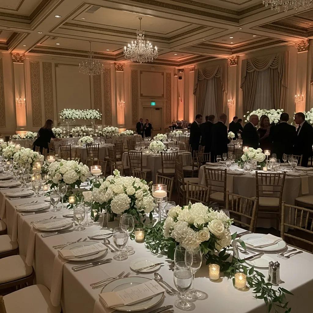 Elegant banquet hall set for a wedding reception with floral arrangements and soft lighting