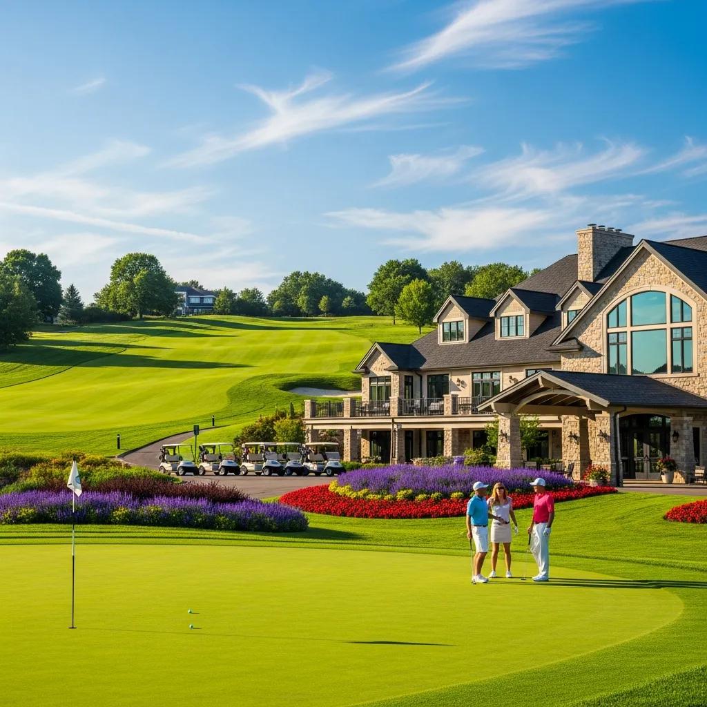 Scenic view of a private golf club with lush fairways and club building, representing golf membership benefits