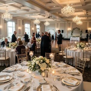 Elegant banquet hall at Bella Vista Country Club with floral arrangements and soft lighting