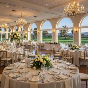 Elegant banquet hall setup at Bella Vista Country Club with floral arrangements and scenic views