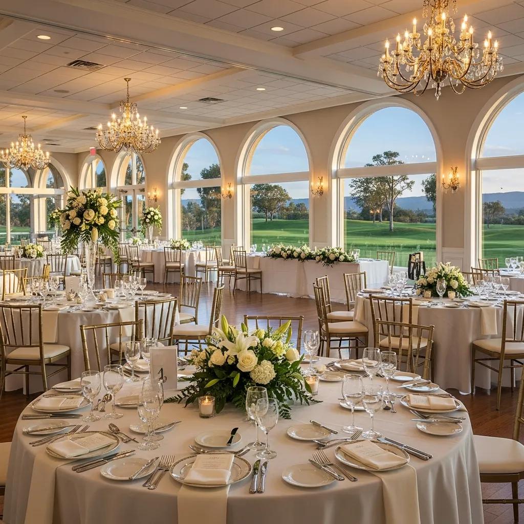 Elegant banquet hall setup at Bella Vista Country Club with floral arrangements and scenic views