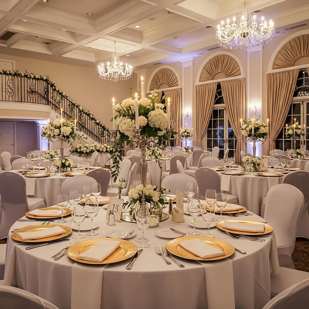 Elegant banquet hall setup with tables and floral decor for events
