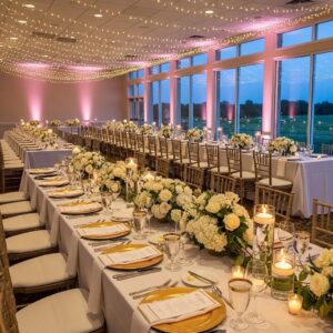 Elegant wedding banquet hall at Bella Vista Country Club with scenic views and romantic decor