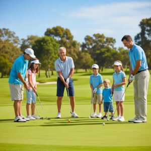 Family enjoying a day at a golf club with a beautiful course in the background