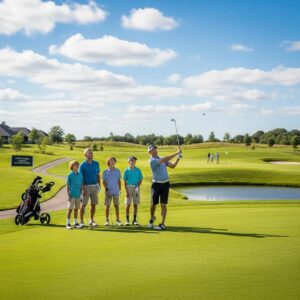 Family enjoying a day of golf at a beautiful course, highlighting affordable golf memberships