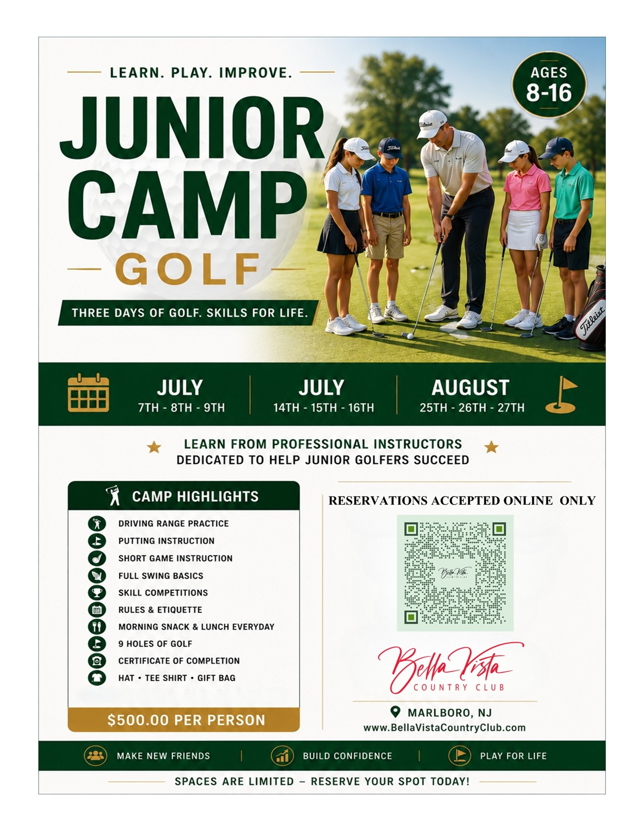 Junior Camp Golf at Bella Vista Country Club: young golfers practicing and learning skills.