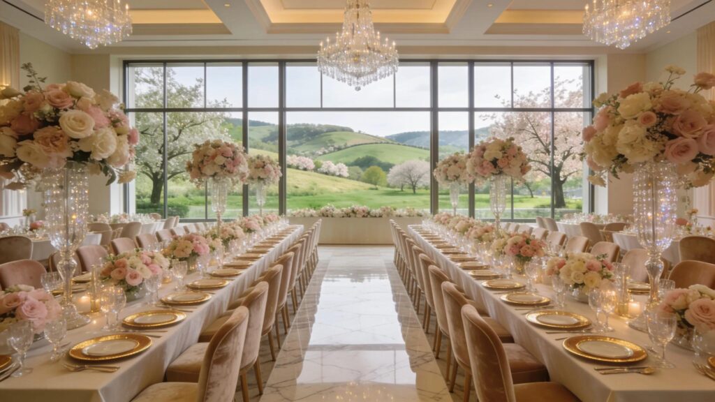 Elegant banquet hall setup with a long table and beautiful decor for receptions