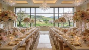 Elegant banquet hall setup with a long table and beautiful decor for receptions