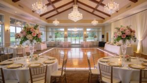 Elegant banquet hall setting with sophisticated decor and table arrangements, ideal for events at Bella Vista Country Club