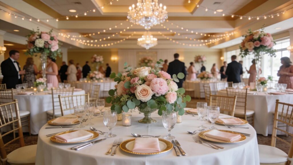 Elegant banquet hall at Bella Vista Country Club set for a wedding, showcasing sophisticated decor and warm ambiance