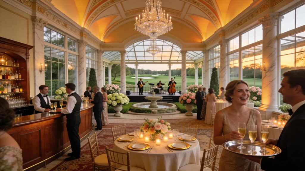 Elegant country club banquet hall showcasing scenic views and an inviting atmosphere