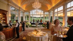 Elegant country club banquet hall showcasing scenic views and an inviting atmosphere