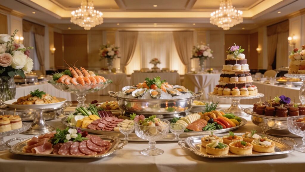 Gourmet buffet display for catering at a banquet hall reception