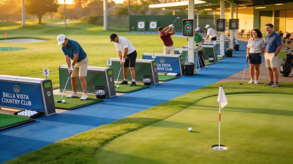 Golfers utilizing practice facilities at Bella Vista Country Club, emphasizing member exclusivity