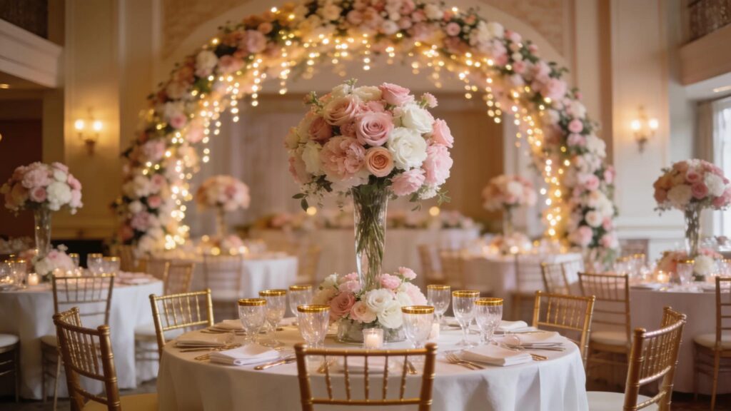 Elegant wedding banquet hall with floral decorations and romantic ambiance