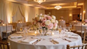 Elegant banquet hall set for a reception with round tables and floral decor