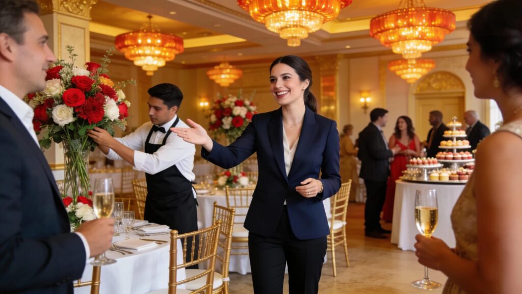 Event planner managing activities in a banquet hall during a reception