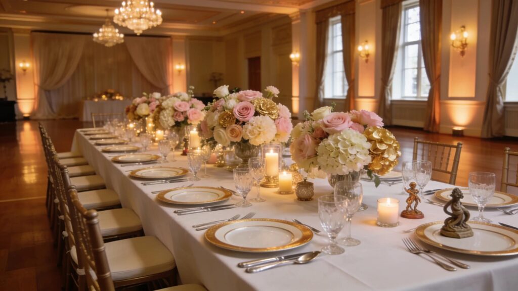 Elegant banquet hall setup with floral decor and festive ambiance
