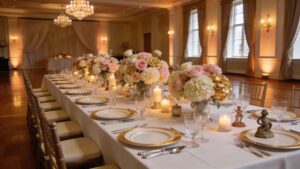Elegant banquet hall setup with floral decor and festive ambiance