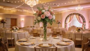 Elegant banquet hall setup for a wedding reception highlighting key features of banquet hall rental